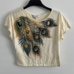 Off-White Short Sleeve Tee with Rhinestone Peacock Feathers